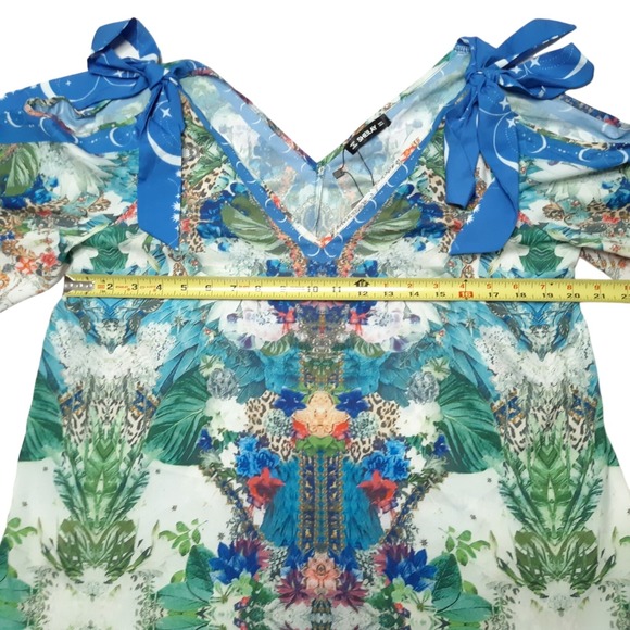 Sheilay Blouse Womens Small Blue Floral Cold Shoulder Bell Sleeve Top New - Picture 2 of 16